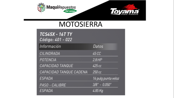 MOTOSIERRA GASOLINA TOYAMA 45 CC ESPADA 16 PULGADAS TCS45X-16T TY - Image 2