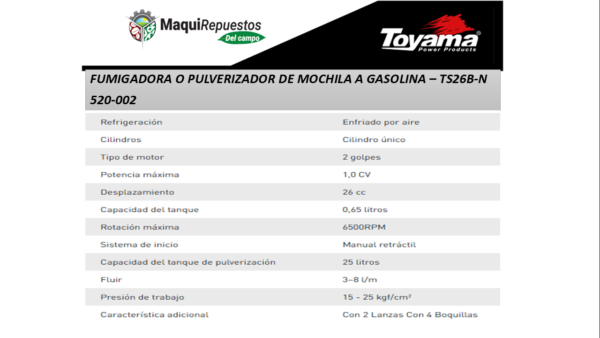 FUMIGADORA O PULVERIZADOR DE MOCHILA A GASOLINA – TS26B-N - Image 2